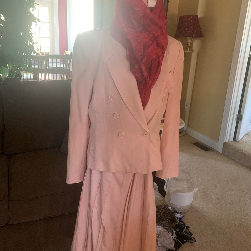 Kasper Pink Suit with Red Scarf pleated skirt